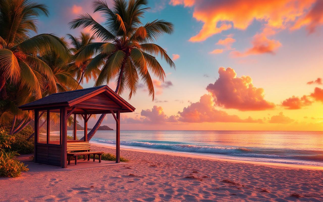 Abri d'arrêt de bus en bois au bord d'une plage tropicale en Guadeloupe au coucher du soleil, palmiers, banc vide, mer calme aux reflets orangés, lumière dorée volumétrique et ambiance paisible.