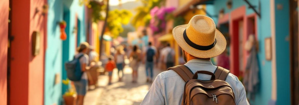 Un voyageur marche le long d'une rue colorée de Pointe-à-Pitre, entouré de façades pastel (turquoise, corail, jaune, rose), pavés et étals de marché, éclairage doré volumétrique créant une ambiance chaleureuse et naturelle.