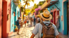 Un voyageur marche le long d'une rue colorée de Pointe-à-Pitre, entouré de façades pastel (turquoise, corail, jaune, rose), pavés et étals de marché, éclairage doré volumétrique créant une ambiance chaleureuse et naturelle.
