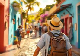 Un voyageur marche le long d'une rue colorée de Pointe-à-Pitre, entouré de façades pastel (turquoise, corail, jaune, rose), pavés et étals de marché, éclairage doré volumétrique créant une ambiance chaleureuse et naturelle.