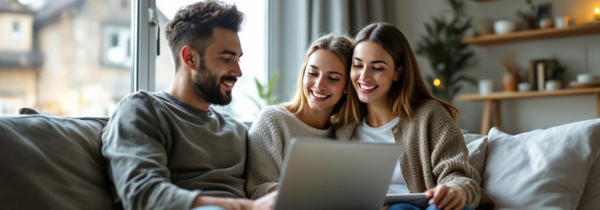Jeune couple assis dans un salon cosy, consultant des offres de vols sur un ordinateur portable. La lumière douce du matin filtre par la fenêtre, tasses de café et bloc-notes posés sur la table, expressions concentrées et souriantes.