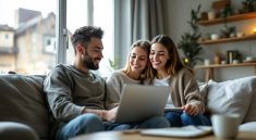 Jeune couple assis dans un salon cosy, consultant des offres de vols sur un ordinateur portable. La lumière douce du matin filtre par la fenêtre, tasses de café et bloc-notes posés sur la table, expressions concentrées et souriantes.