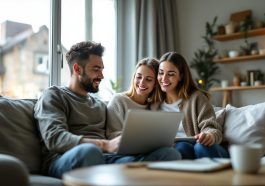 Jeune couple assis dans un salon cosy, consultant des offres de vols sur un ordinateur portable. La lumière douce du matin filtre par la fenêtre, tasses de café et bloc-notes posés sur la table, expressions concentrées et souriantes.