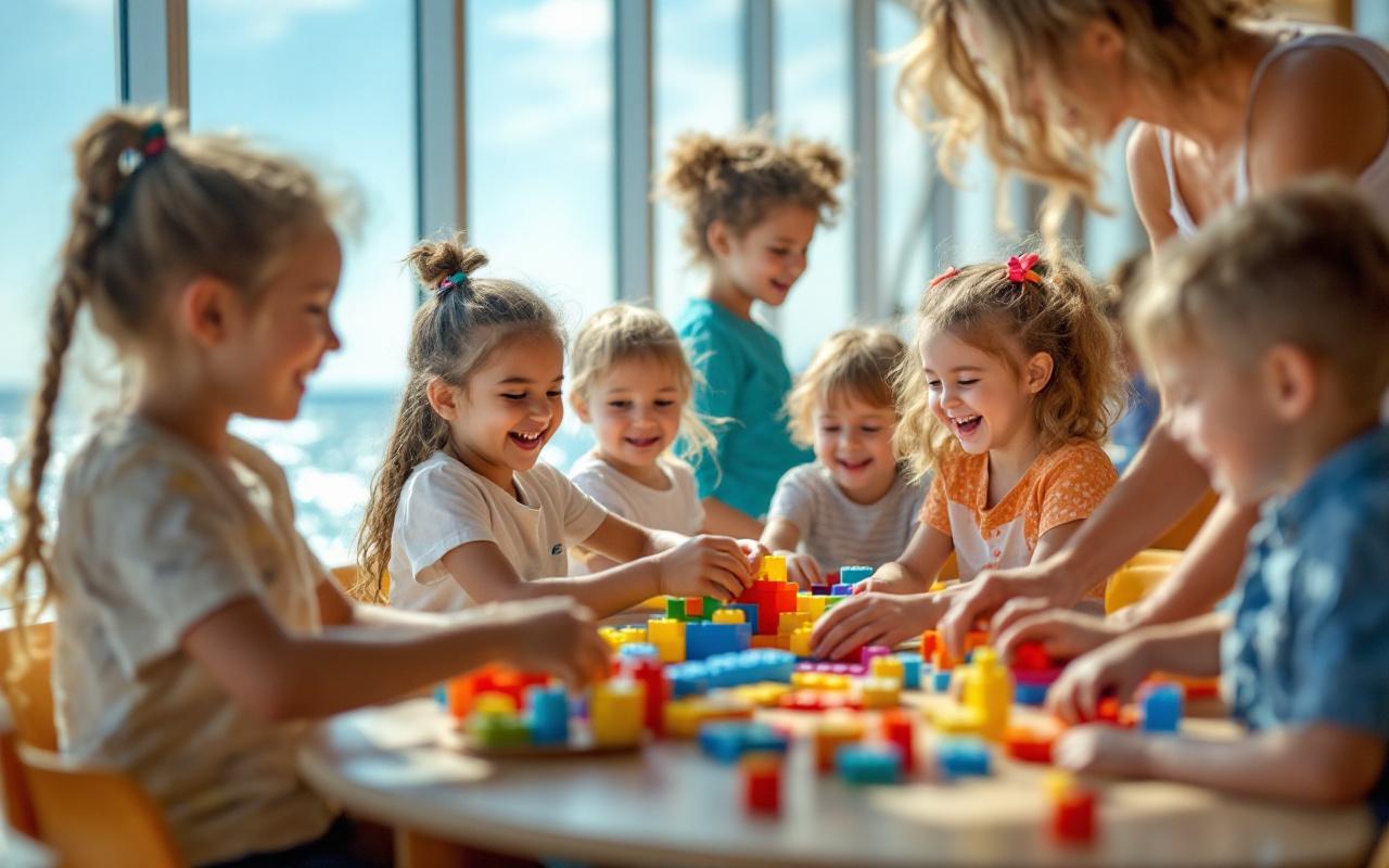 Enfants jouant dans le club enfants d'une croisière familiale, plusieurs enfants âgés de 3 à 10 ans souriants, animateur présent, jeux et blocs, grandes baies vitrées avec vue sur l'océan, lumière naturelle douce, tons bleus et jaunes