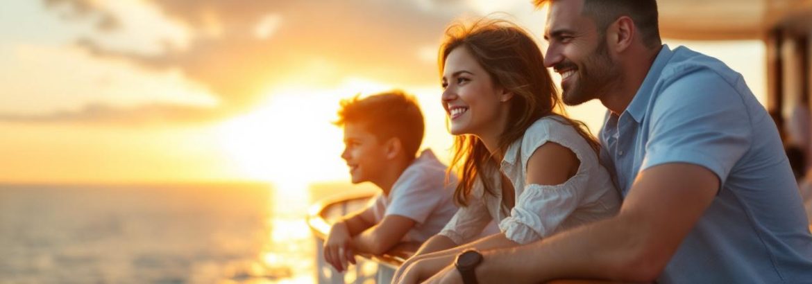 Deux parents appuyés contre la rambarde d'un navire de croisière au coucher du soleil avec leurs deux enfants; lumière dorée, ciel orangé et bleu, légère brise, expressions naturelles, ambiance chaleureuse et familiale.