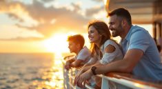 Deux parents appuyés contre la rambarde d'un navire de croisière au coucher du soleil avec leurs deux enfants; lumière dorée, ciel orangé et bleu, légère brise, expressions naturelles, ambiance chaleureuse et familiale.