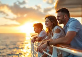 Deux parents appuyés contre la rambarde d'un navire de croisière au coucher du soleil avec leurs deux enfants; lumière dorée, ciel orangé et bleu, légère brise, expressions naturelles, ambiance chaleureuse et familiale.