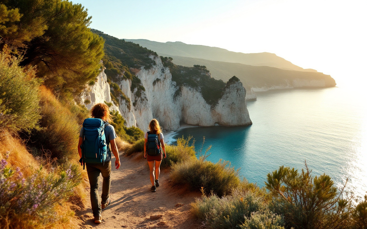Deux randonneurs marchent le long d'un sentier côtier surplombant une crique méditerranéenne isolée, falaises calcaires et mer turquoise, végétation basse, lumière chaude et volumétrique d'un coucher de soleil.