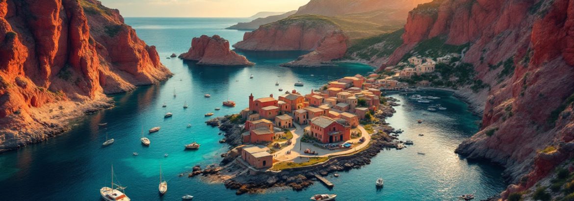 Petit village isolé au bord d'une baie turquoise, entouré de hautes falaises rouges, maisons en pierre dispersées, quelques bateaux de pêche sur l'eau calme, lumière dorée du coucher de soleil filtrant entre les falaises