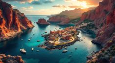 Petit village isolé au bord d'une baie turquoise, entouré de hautes falaises rouges, maisons en pierre dispersées, quelques bateaux de pêche sur l'eau calme, lumière dorée du coucher de soleil filtrant entre les falaises