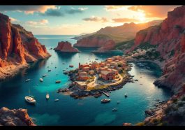 Petit village isolé au bord d'une baie turquoise, entouré de hautes falaises rouges, maisons en pierre dispersées, quelques bateaux de pêche sur l'eau calme, lumière dorée du coucher de soleil filtrant entre les falaises