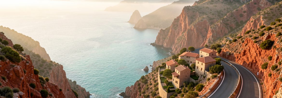 Route panoramique sur la côte ouest de la Corse, avec une mer turquoise, des falaises rouges et un village méditerranéen aux maisons en pierre.