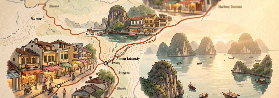 Illustration éditoriale d’un itinéraire au Vietnam avec une carte stylisée, scènes d’Hanoi et ambiance brumeuse de la baie d’Ha Long.