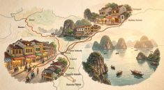 Illustration éditoriale d’un itinéraire au Vietnam avec une carte stylisée, scènes d’Hanoi et ambiance brumeuse de la baie d’Ha Long.