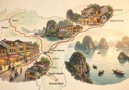 Illustration éditoriale d’un itinéraire au Vietnam avec une carte stylisée, scènes d’Hanoi et ambiance brumeuse de la baie d’Ha Long.