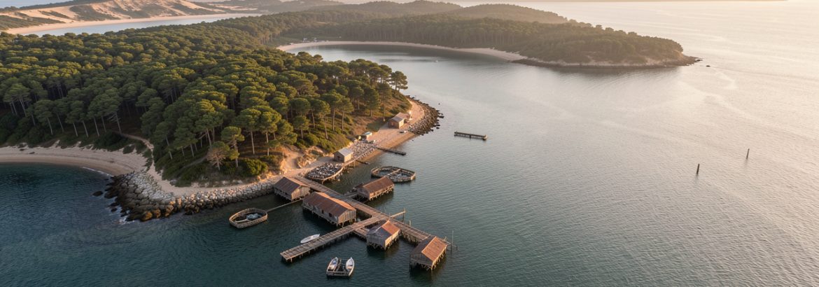 Vue aérienne réaliste de la presqu’île du Cap Ferret avec forêt de pins, bassin d’Arcachon, cabanes ostréicoles sur le rivage et dune au loin, baignés par la lumière dorée de fin d’après-midi.