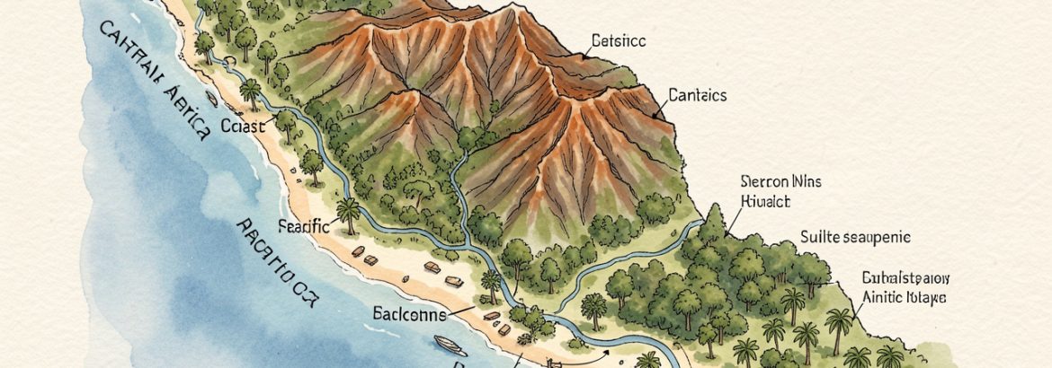 Carte illustrée et réaliste de l’Amérique centrale montrant les côtes caraïbe et pacifique, les reliefs volcaniques, les forêts tropicales et les variations saisonnières du climat, sans inscriptions.