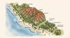 Carte illustrée et réaliste de l’Amérique centrale montrant les côtes caraïbe et pacifique, les reliefs volcaniques, les forêts tropicales et les variations saisonnières du climat, sans inscriptions.