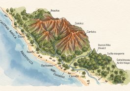 Carte illustrée et réaliste de l’Amérique centrale montrant les côtes caraïbe et pacifique, les reliefs volcaniques, les forêts tropicales et les variations saisonnières du climat, sans inscriptions.