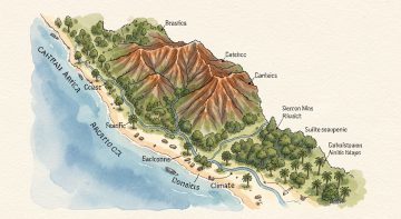Carte illustrée et réaliste de l’Amérique centrale montrant les côtes caraïbe et pacifique, les reliefs volcaniques, les forêts tropicales et les variations saisonnières du climat, sans inscriptions.