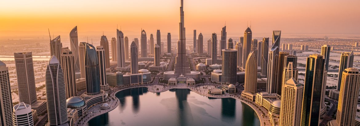 Vue aérienne de Downtown Dubaï au coucher du soleil, avec le Burj Khalifa, un lac réfléchissant et de nombreux gratte-ciel modernes.