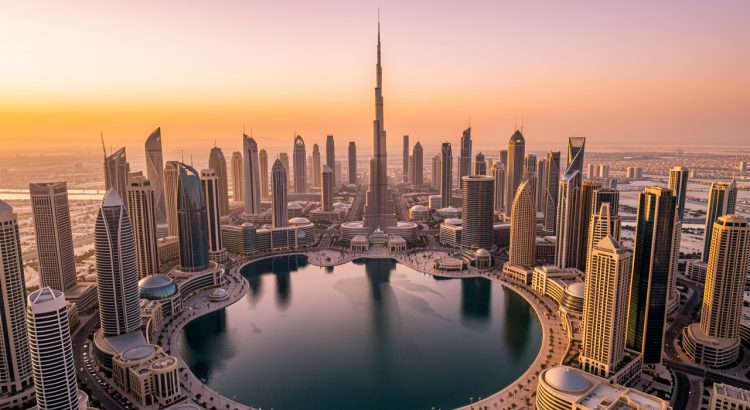 Vue aérienne de Downtown Dubaï au coucher du soleil, avec le Burj Khalifa, un lac réfléchissant et de nombreux gratte-ciel modernes.