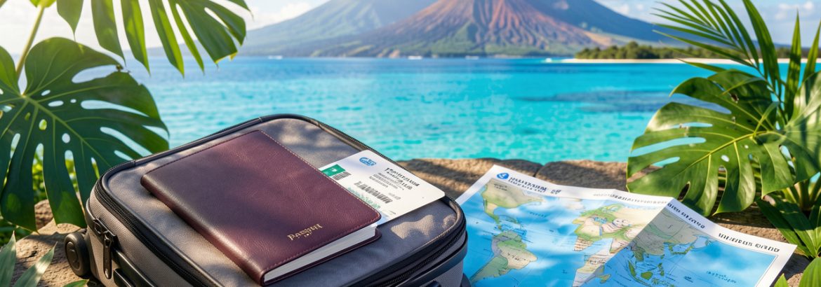 Valise ouverte avec passeport vierge, documents de voyage sans inscription et carte abstraite, entourés de végétation tropicale, d’eau turquoise et de montagnes volcaniques.