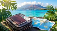 Valise ouverte avec passeport vierge, documents de voyage sans inscription et carte abstraite, entourés de végétation tropicale, d’eau turquoise et de montagnes volcaniques.