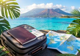 Valise ouverte avec passeport vierge, documents de voyage sans inscription et carte abstraite, entourés de végétation tropicale, d’eau turquoise et de montagnes volcaniques.