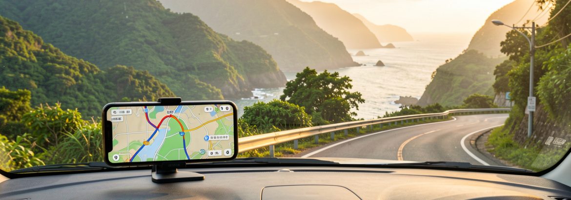 Voiture de location roulant sur une route côtière de Taïwan, avec un smartphone affichant une carte GPS, des montagnes verdoyantes et une lumière matinale.