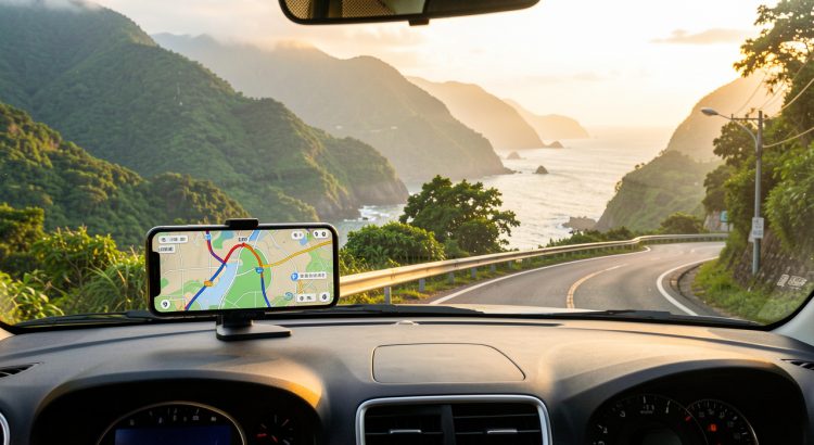 Voiture de location roulant sur une route côtière de Taïwan, avec un smartphone affichant une carte GPS, des montagnes verdoyantes et une lumière matinale.