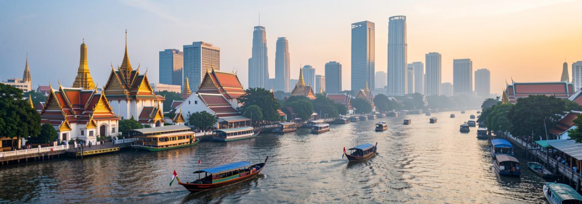 Vue immersive de Bangkok au lever du jour, avec des bateaux sur le fleuve Chao Phraya, des temples dorés et une skyline moderne.