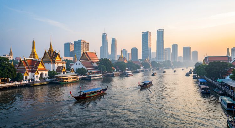 Vue immersive de Bangkok au lever du jour, avec des bateaux sur le fleuve Chao Phraya, des temples dorés et une skyline moderne.