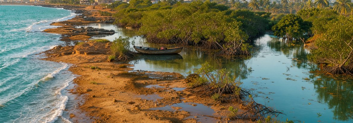 Panorama de voyage au Sénégal reliant la côte de Dakar, les mangroves du Saloum et les paysages verdoyants de la Casamance.