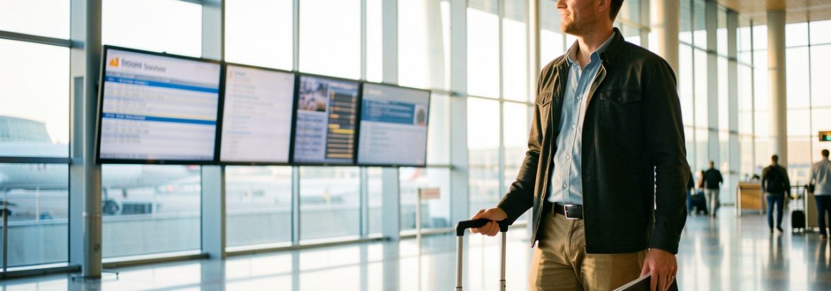 Un voyageur observe un tableau lumineux aux informations illisibles dans un terminal international baigné par la lumière matinale, avec une valise cabine et un passeport fermé.