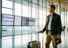 Un voyageur observe un tableau lumineux aux informations illisibles dans un terminal international baigné par la lumière matinale, avec une valise cabine et un passeport fermé.