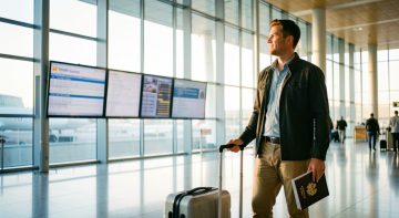 Un voyageur observe un tableau lumineux aux informations illisibles dans un terminal international baigné par la lumière matinale, avec une valise cabine et un passeport fermé.