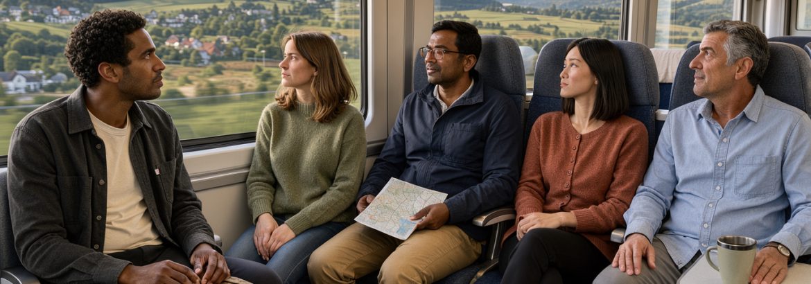 Des voyageurs observent un paysage européen verdoyant depuis les fenêtres d’un train moderne, baigné par une douce lumière matinale.
