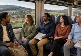 Des voyageurs observent un paysage européen verdoyant depuis les fenêtres d’un train moderne, baigné par une douce lumière matinale.