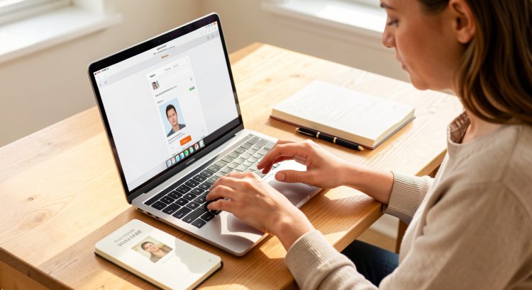 Voyageuse préparant une demande de visa électronique sur un ordinateur, avec un passeport ouvert, une photo d’identité et un carnet de voyage sur une table lumineuse.